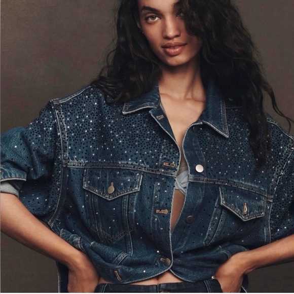 NWT Anthropologie Pilcro Weston Rhinestone Denim Boyfriend Jacket- Small country - Picture 3 of 11